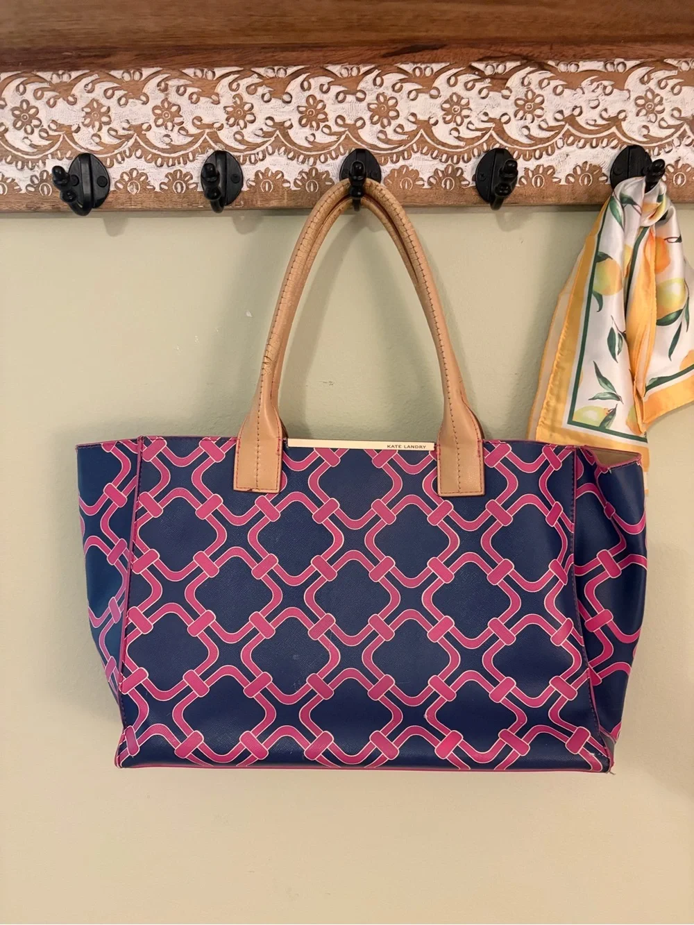 Navy & Pink Patterned Tote Bag with Tan Handles